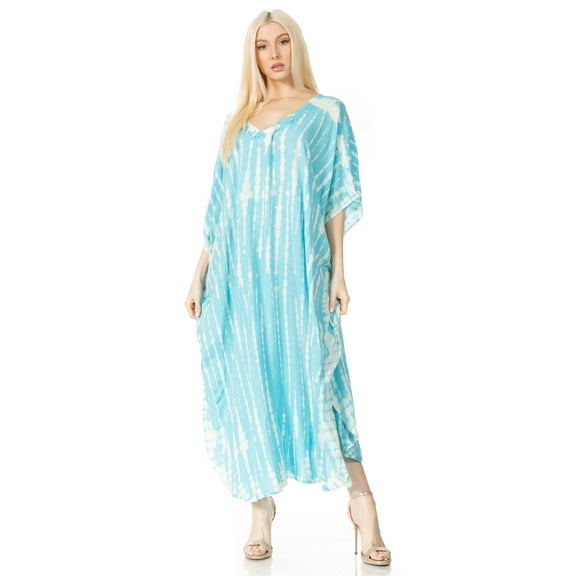 Sakkas Maitte Women's V neck Caftan Dress Cover-up Beach Print Kaftan Long Boho - 1031-Turq - One Size