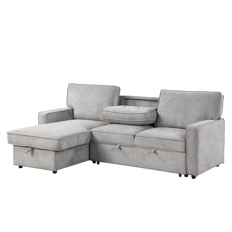 Convertible Sleeper Sofa Bed, L-Shaped Sectional Sofa Pull Out Couch with Storage Chaise & USB Ports, 89'' Sofa Couch with Cup Holder for Living Room Apartment