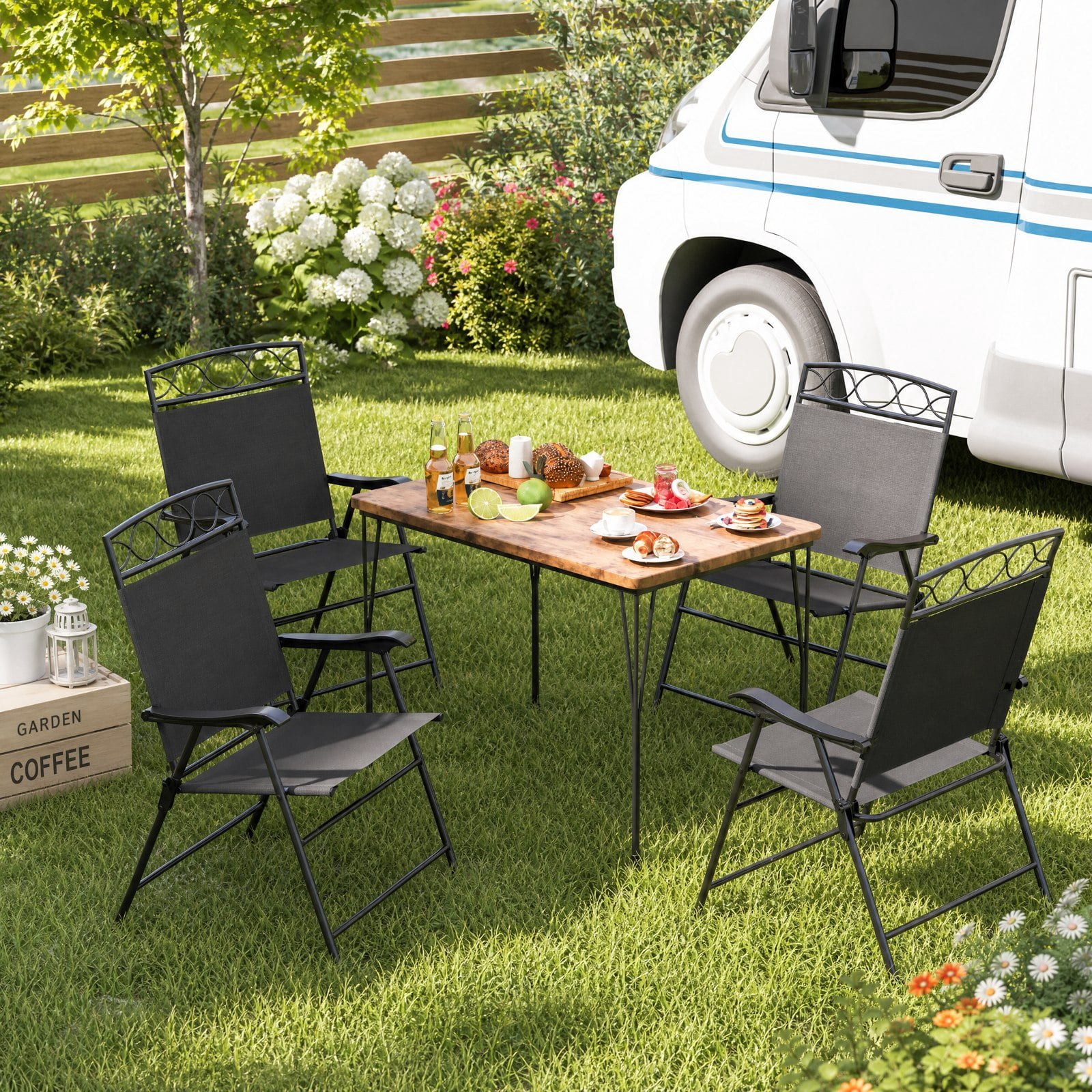 Furnibear Patio Folding Dining Chairs Set of 4 with Armrests and Padded Fabric Seat for Outdoor and Indoor Kitchen Dining, Gray