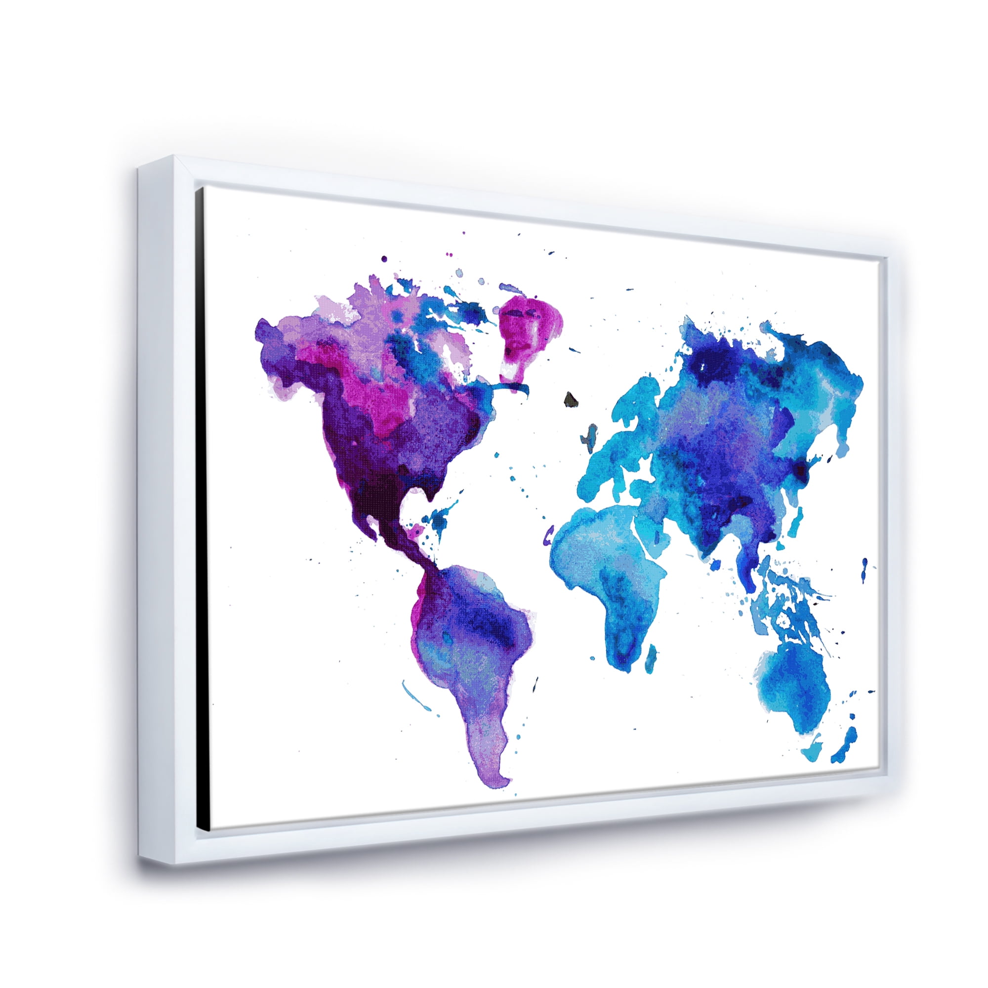 Designart 'Blue and Purple Map Of The World' Modern Framed Canvas Wall Art Print