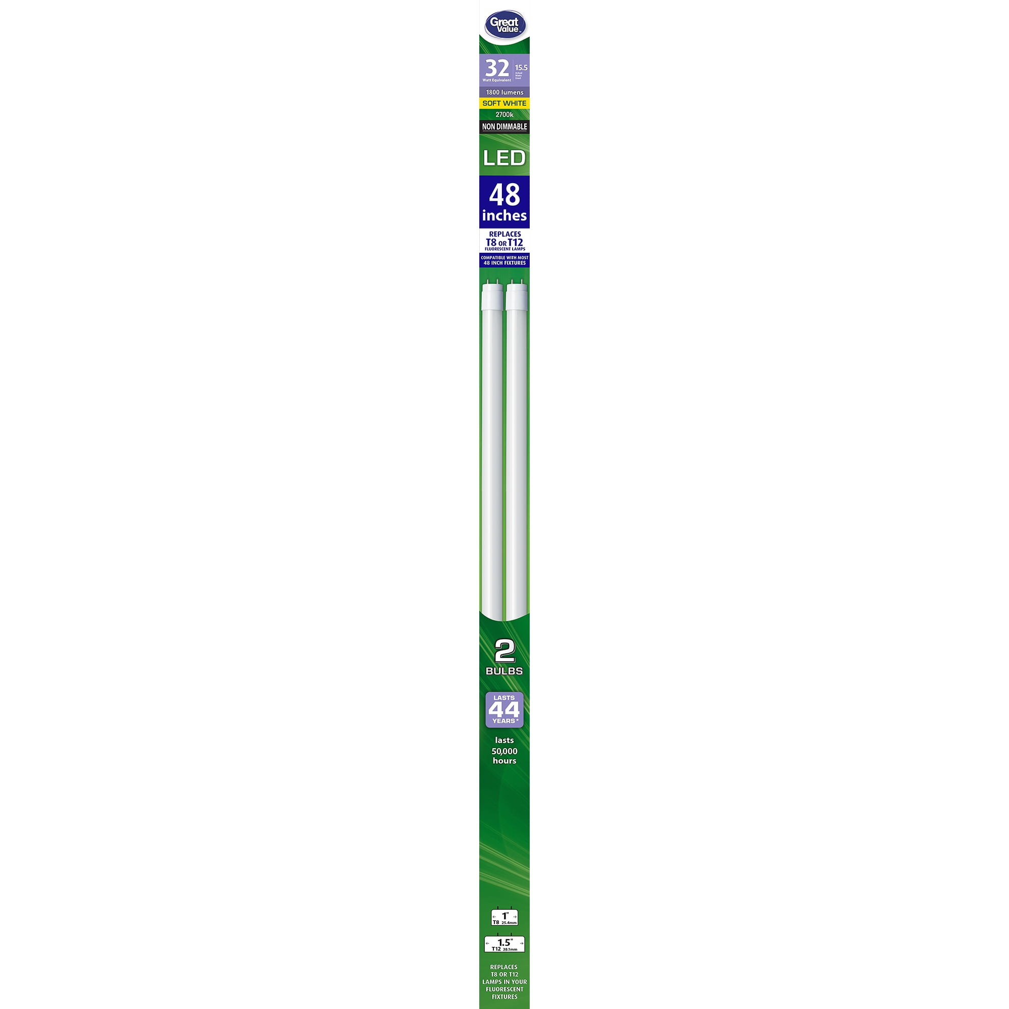 Great Value Led Light Bulb 15 5w 32w Equivalent T8 T12 Fluorescent Lamp G13 Base Non Dimmable Soft White 48 Inches 2 Pack