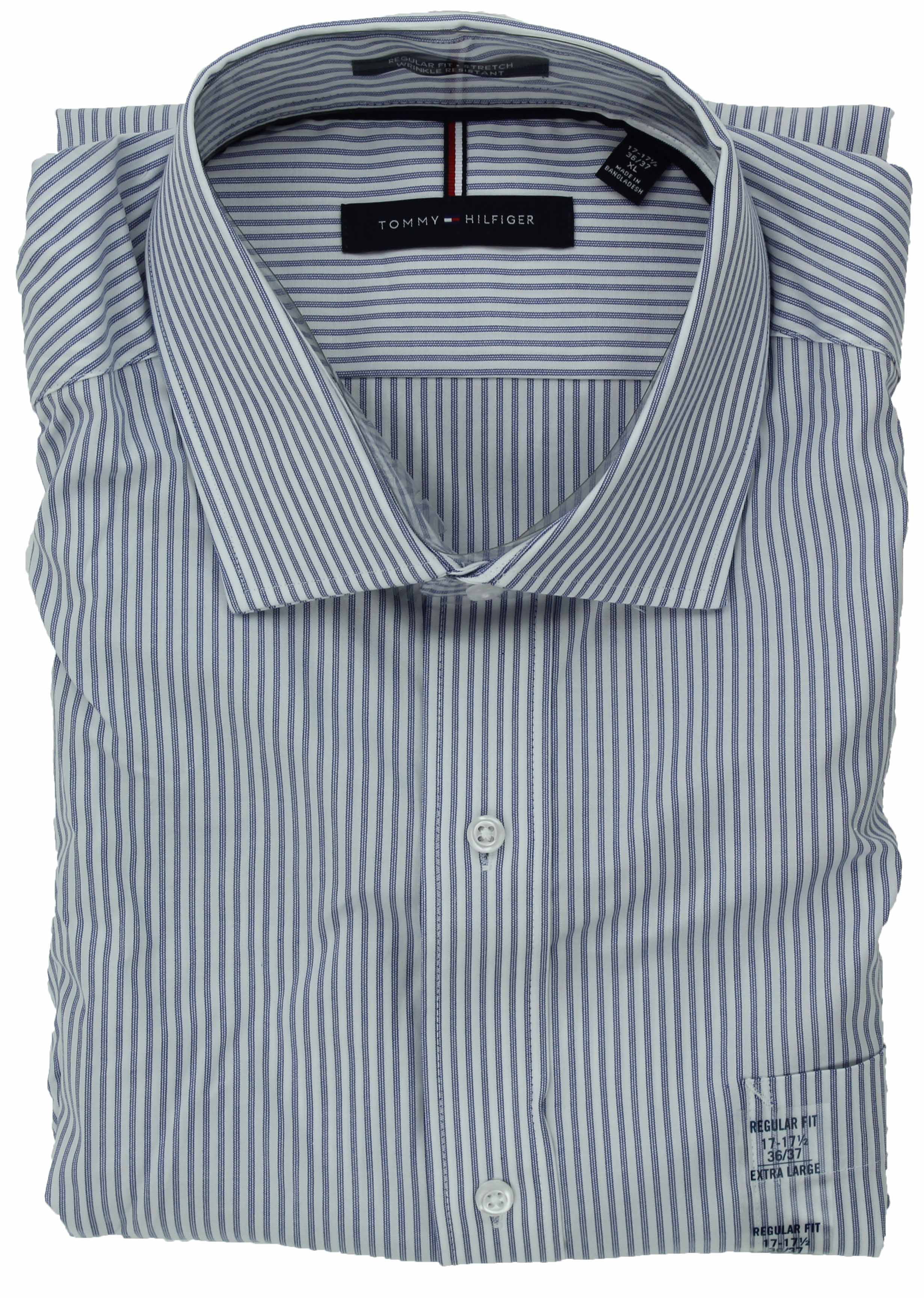$74.50 NWT Tommy Hilfiger Mens Size 17 1/2 35-36 Blue White Striped L/S Shirt 