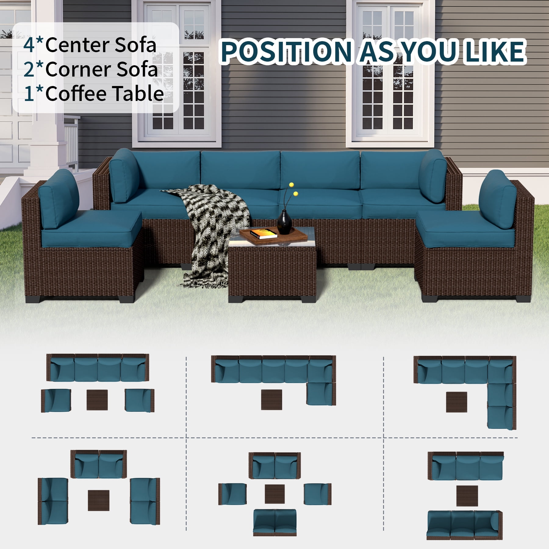 7-Piece Outdoor Patio Furniture Set, PE Rattan Sectional Sofa with Waterproof Cushions & Coffee Table, Modern Patio Conversation Set for Porch, Balcony, Backyard (Peacock Blue)