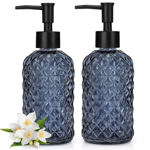2Pack 13.5 Oz Glass Soap Dispenser , Manual Pump Dispenser,Empty Liquid Container, Refillable Hand Soap Dispenser , Premium Bathroom soap Dispenser for Kitchen & Bathroom , Blue