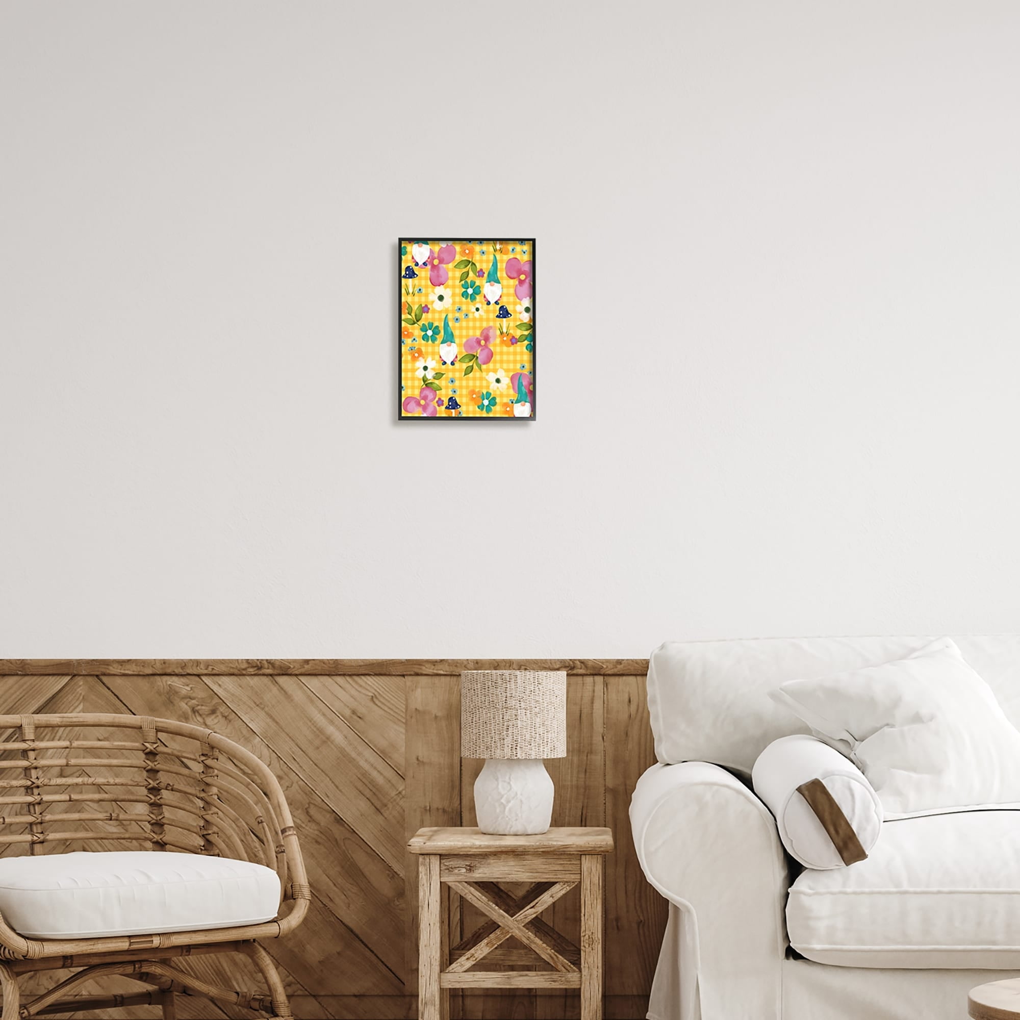 Stupell Industries Yellow Tartan Patterned Spring Gnomes Mushrooms Graphic Art Black Framed Art Print Wall Art, Design by Laura Konyndyk