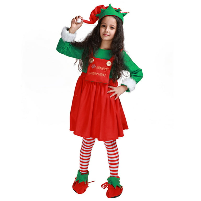 Christmas Party Children Dress Set Classic Style Green Elf Cosplay Dress  for Children Christmas Elf Outfit F M 
