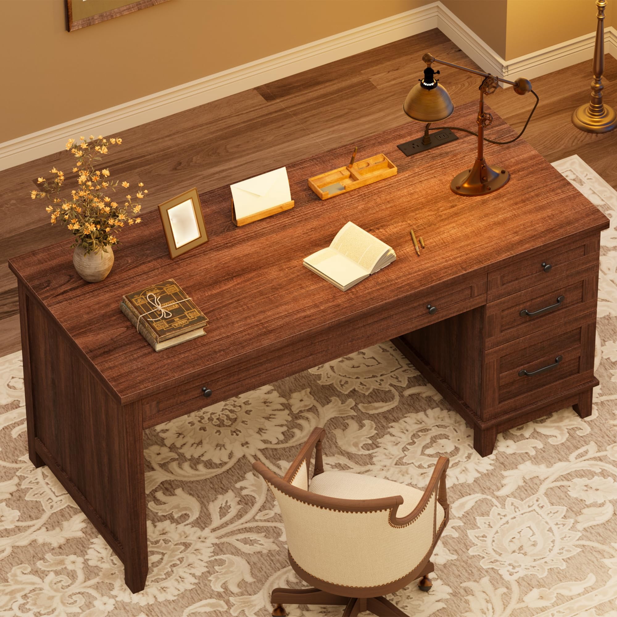 53.5" Executive Desk with 4 Drawers, Farmhouse Home Office Desk with File Cabinet, Wooden Computer Writing Desk for Study, Conference Table, Brown