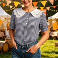 thumbnail image 2 of Womens Shirt Button Down Plaid Print Lace Collar Short Sleeve Beachwear for Women,Black,L, 2 of 9