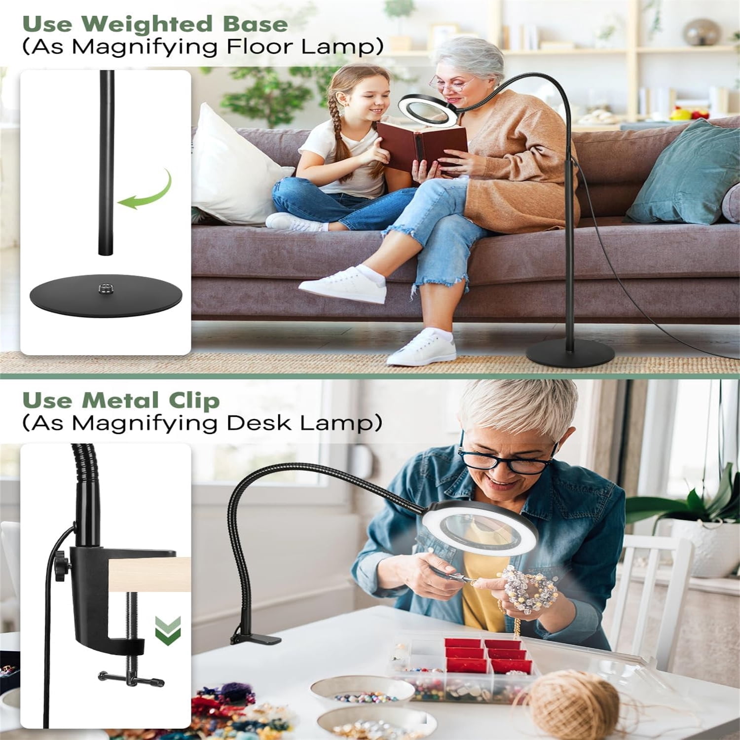 Veemagni Magnifying Glass with Light and Stand,  24" Flexible Gooseneck 5 Color Modes Stepless Dimmable Magnifying Floor Lamp, 3-in-1 Adjustable Lighted Magnifier Hands Free for Close Works, Craft