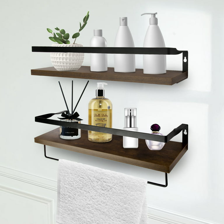 Rustic 3-Tier Wall Mounted Brown Wood Bathroom Shelves w/Hanging
