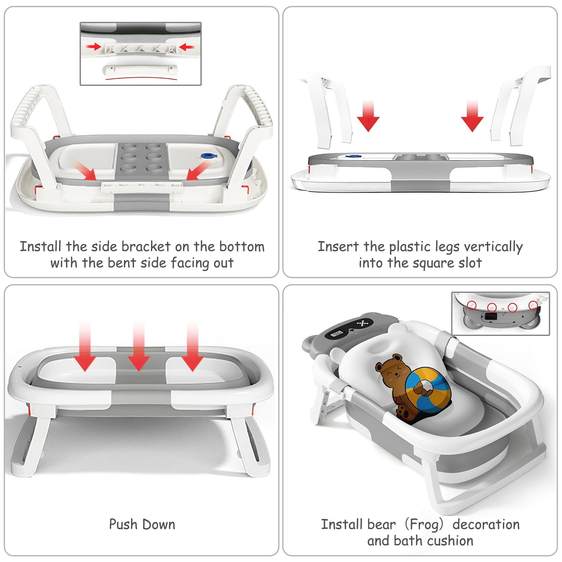 Baby Bathtub, Collapsible Newborn Bathtub for Infant to Toddler 0-1 Year with Soft Cushion+Baby Tub Sling and Thermometer, Portable Travel Bathtub, Foldable Infant Bathtub with No-Slip Feet, Grey