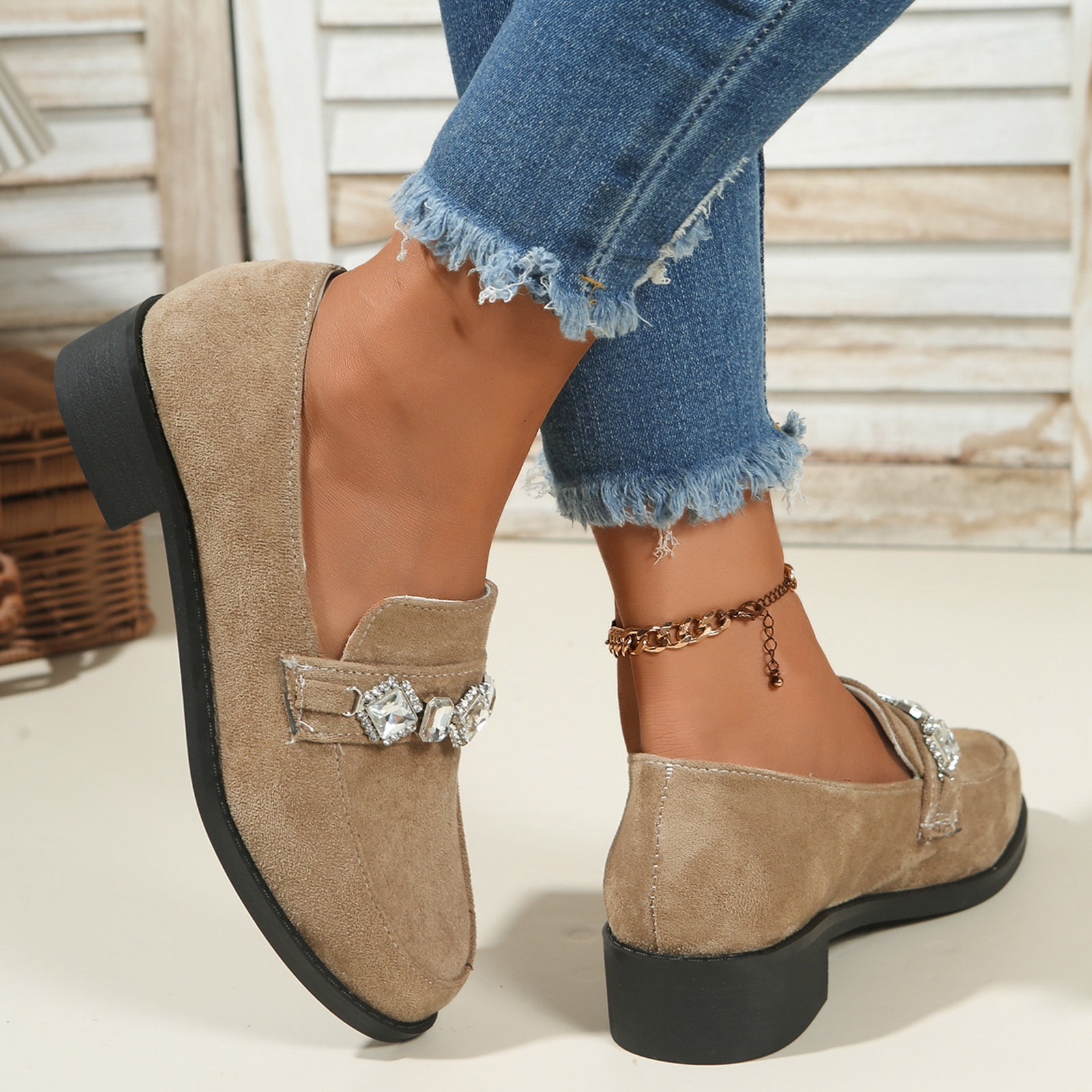 Suede Loafers for Women Comfortable Slip On Glitter Rhinestone Dress Shoes Block Low Heel Non Slip Fall Shoes Beige Size 6