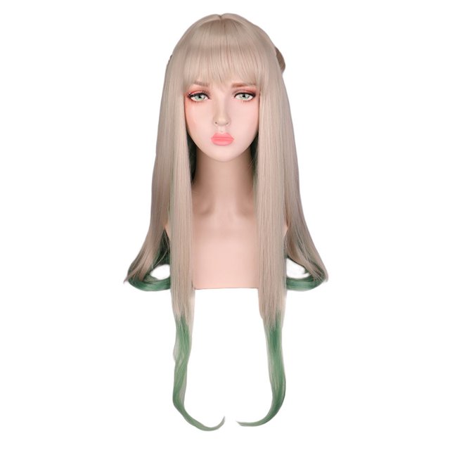 Peluca de cosplay de 80 cm de largo, lisa, rubia, verde degradado