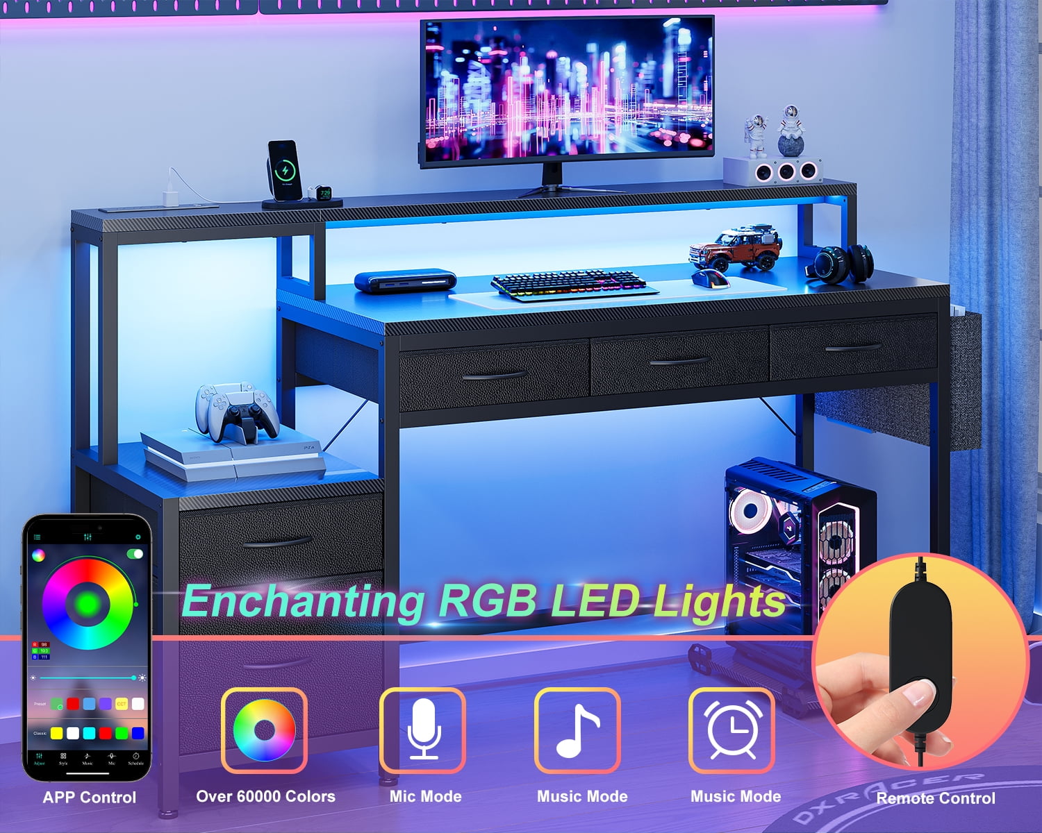 GUNAITO 60 inch Gaming Desk with 5 Fabric Drawers & Storage Shelves, Computer Desk with LED Lights & Charging Station, Carbon Fiber Black