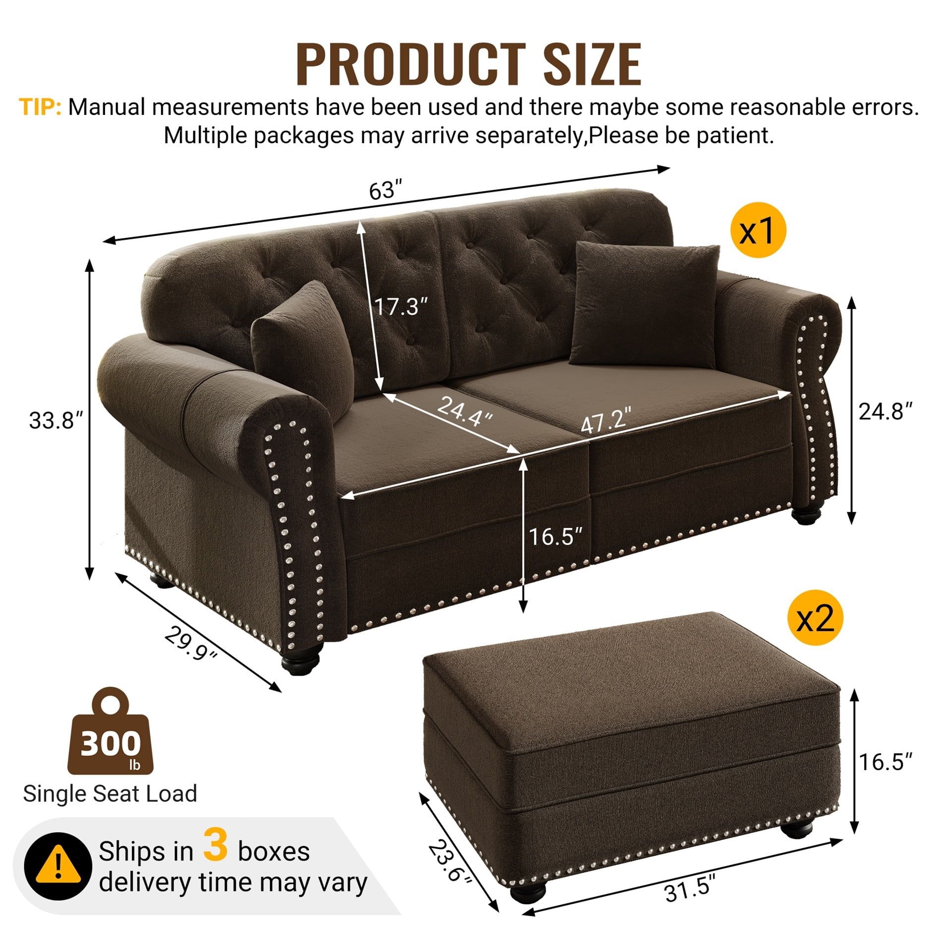 Alvantor 63" Loveseat sofa with Ottman, Upholstered Velvet Couch with Nailhead Trim and Rolled Armrests, Mid-Century Modern Sofa for Living Room Brown