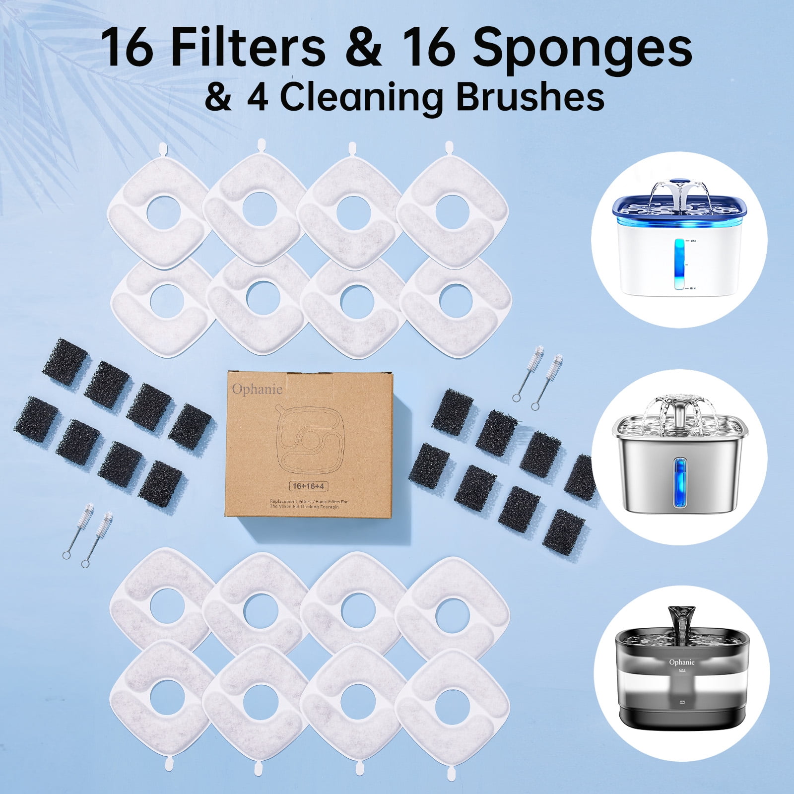 Ophanie Replacement Filters for Cat Water Fountain Veken/Ophanie 108oz/95oz/85oz Pet Water Fountain, Replacement Filters & Pre-Filter Sponges, 32 Pack