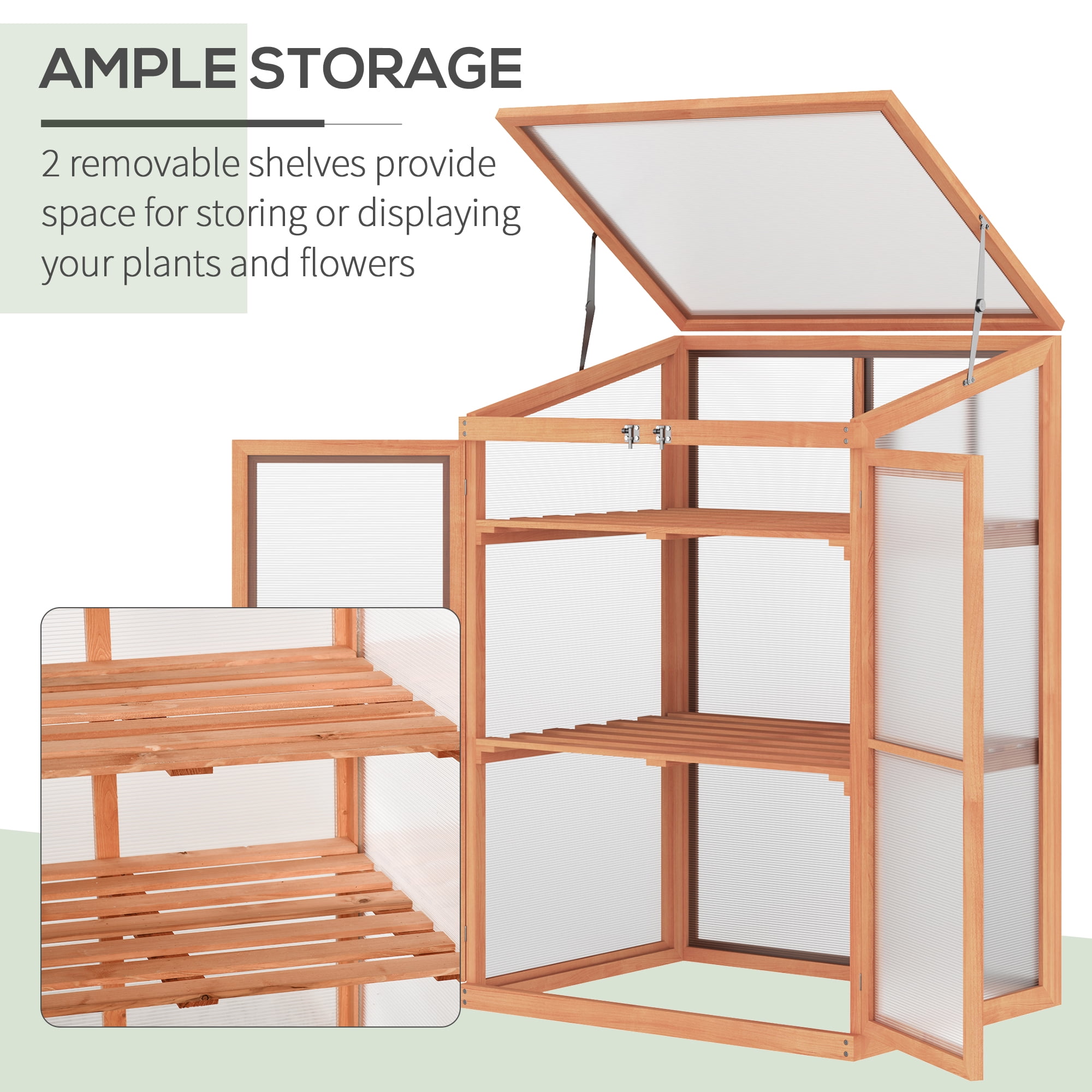 Outsunny Fir Wood Garden Planter Greenhouse w/ Panels, Shelves, Natural