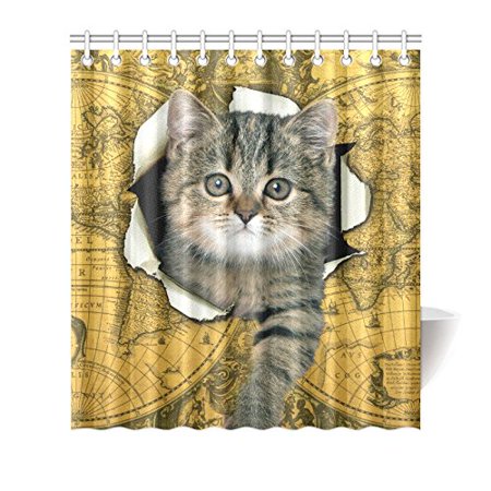 Gckg World Map Funny Cat Shower Curtain Hooks 66x72 Inches Yellow