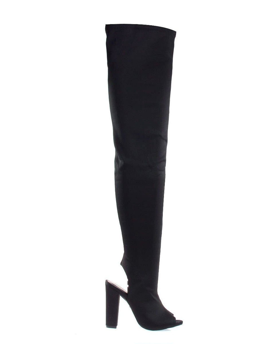 thigh high peep toe block heel boots