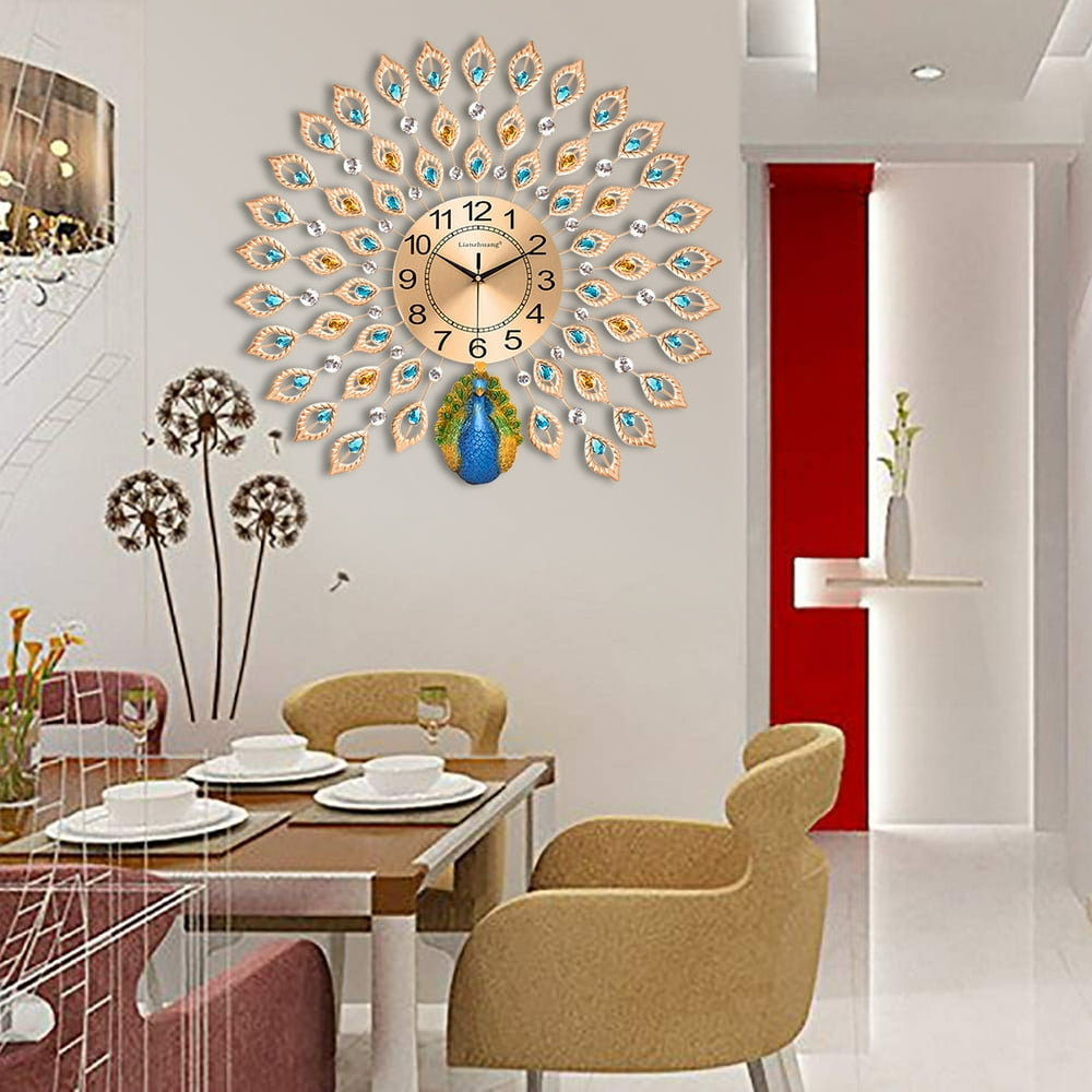 21'' 3D Large Luxury Peacock Decorative Clock, Silent Crystal Metal