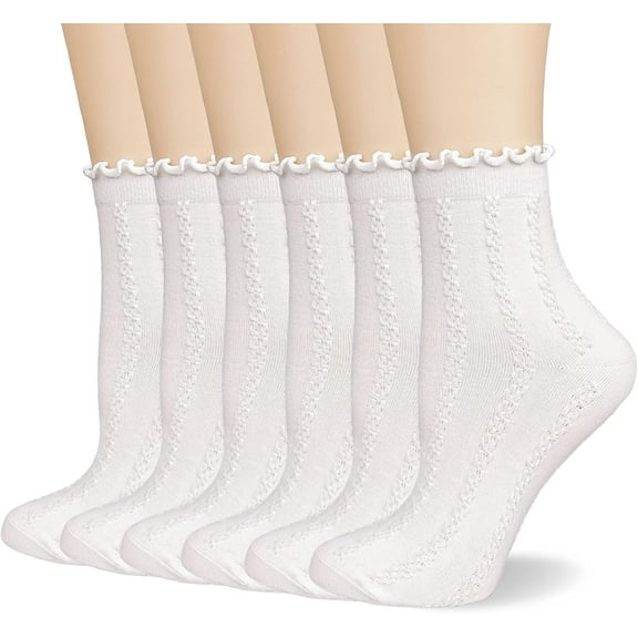 Zhengup Women's Ruffle Socks,Casual Cute Ankle Socks Comfort Cool Cotton Knit Frilly Crew White Socks for Women 6 Pack
