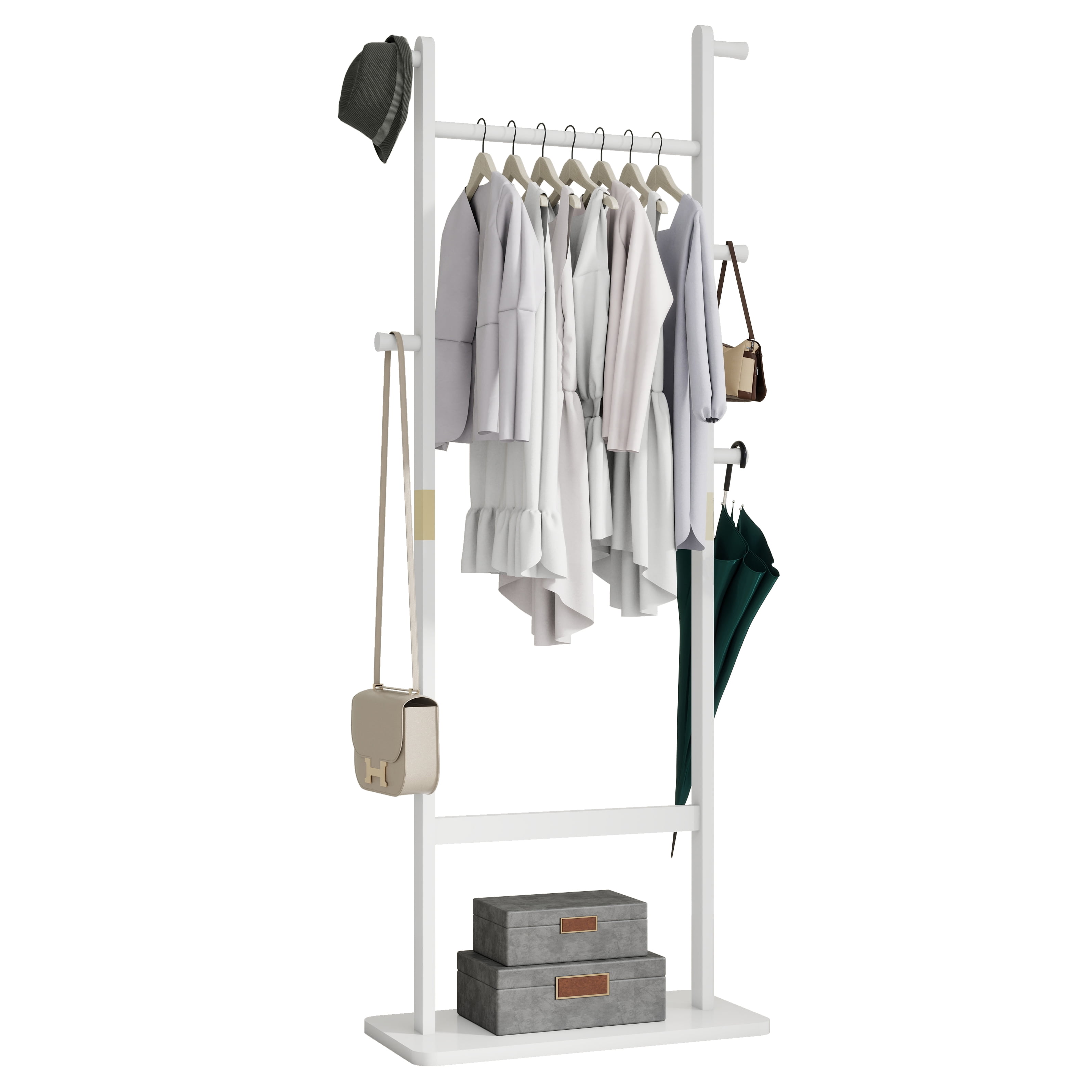 Garitin Coat Rack and Hall Tree 70.87 Inch, Solid Wood Freestanding Stand with Hooks and Hat Shelf for Entryway Living Room Bedroom, White Rubber Wood