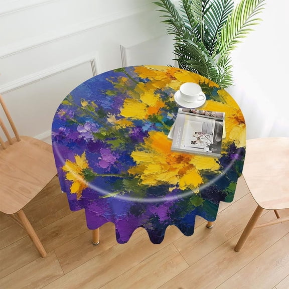 RKSupls 60 Inch Round Tablecloth, Yellow Flowers Bouquet Premium Polyester Straight Edge Wrinkle Resistant Washable Table Cover for Party Home Dining Decor