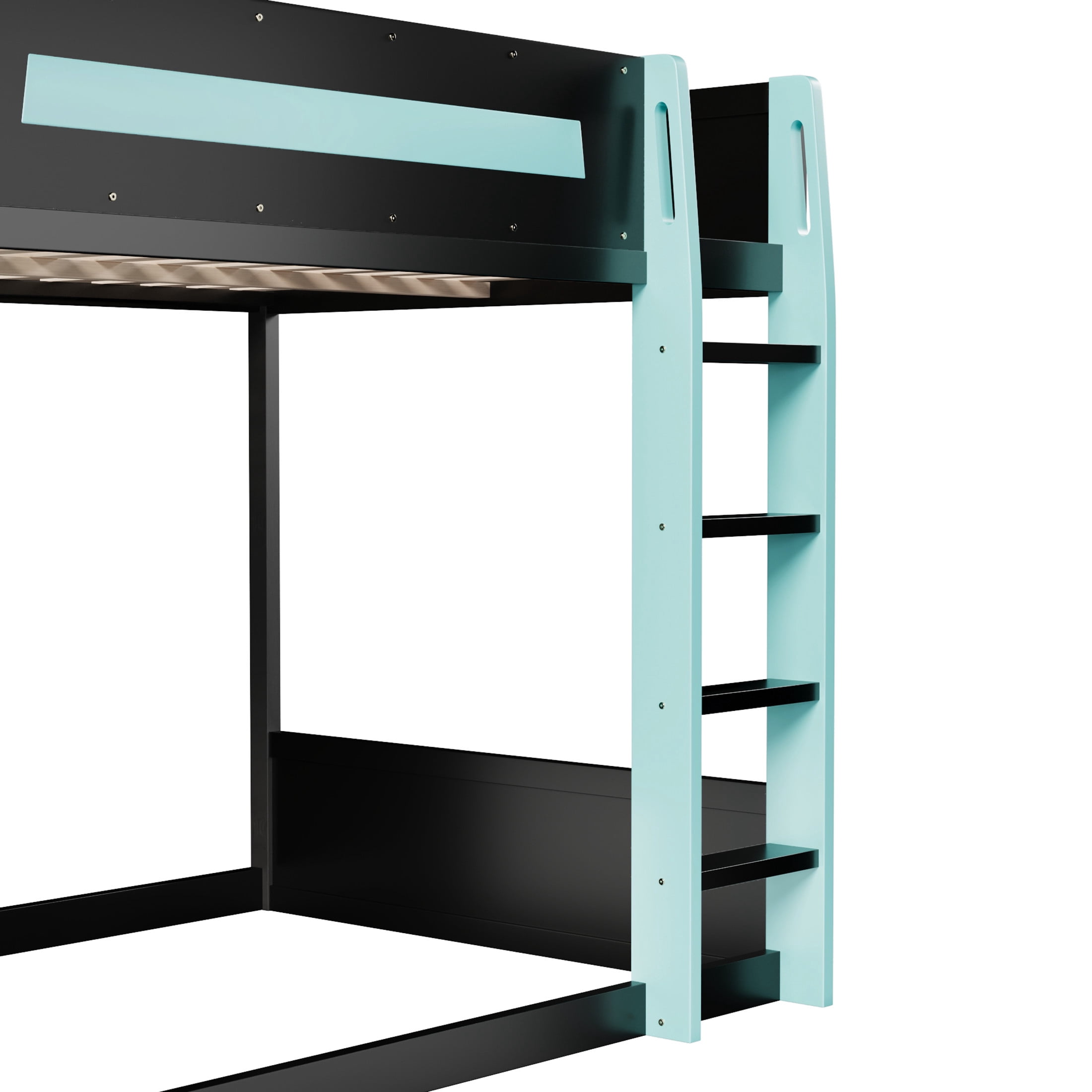 Noble House Nira Full Gaming Bunk Bed with Desk and LED Lights, Wood Loft Bed with Charging Ports, Black and Blue