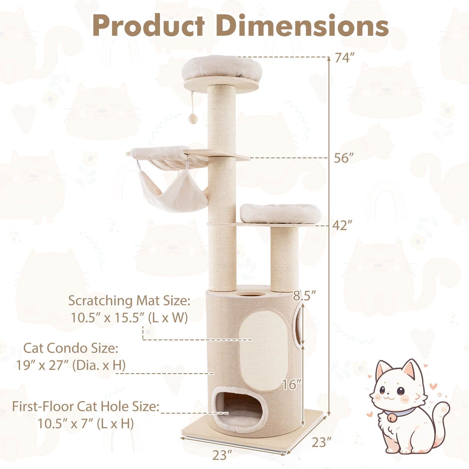 Infans 74" Tall Wooden Cat Tower Tree w/ 2-Story Cat Condo  2-Style Hammocks