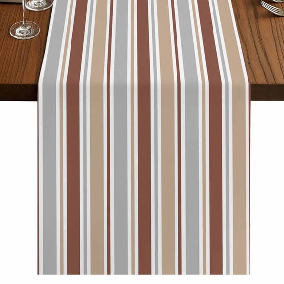 Beige Khaki Striped Burlap Cotton Table Runner 13x120 Inches Long, Farmhouse Stripes Modern Abstract Art Farmhouse Table Runners, Outdoor Dining Tablecloths Decor for Baby Shower/Party/Wedding