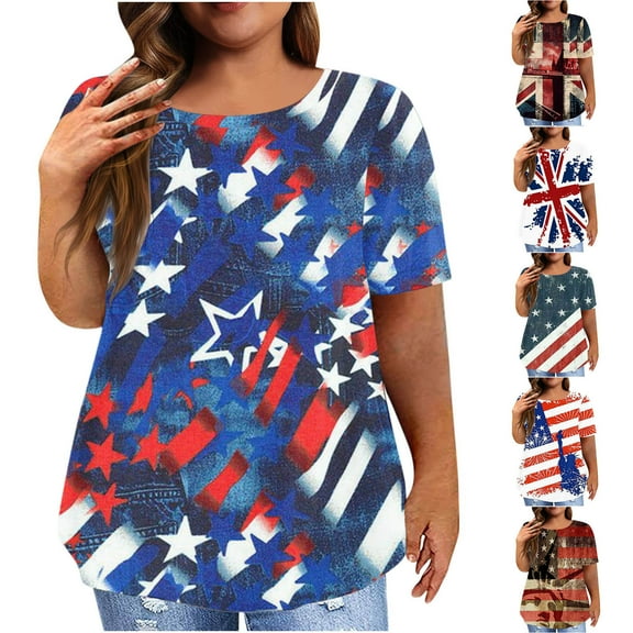 Fesfesfes Plus Size Tops For Women Independence Day Sexy V-Neck Blouse Lace Casual Loose Summer Short Sleeve Blouse Womens T Shirts Short Sleeve 5XL(US:18)