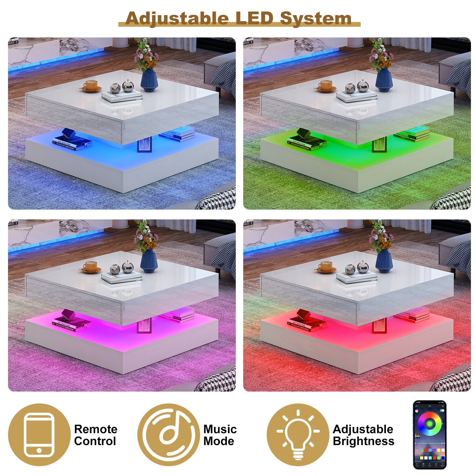 ChVans 34" LED Square Coffee Table with 2 Drawers, 2-Tier White High Glossy Coffee Table with Led lights & Storage Drawer, Modern Living Room Tables