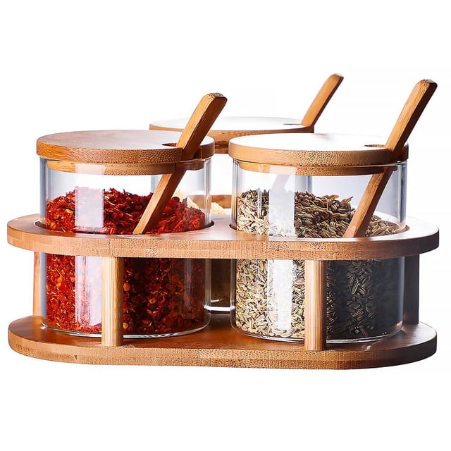 3 Condiment Jars with Lids & Spoons Spice Container Set with Wooden Base Multipurpose Seasoning Jar for Home Kitchen Restaurant