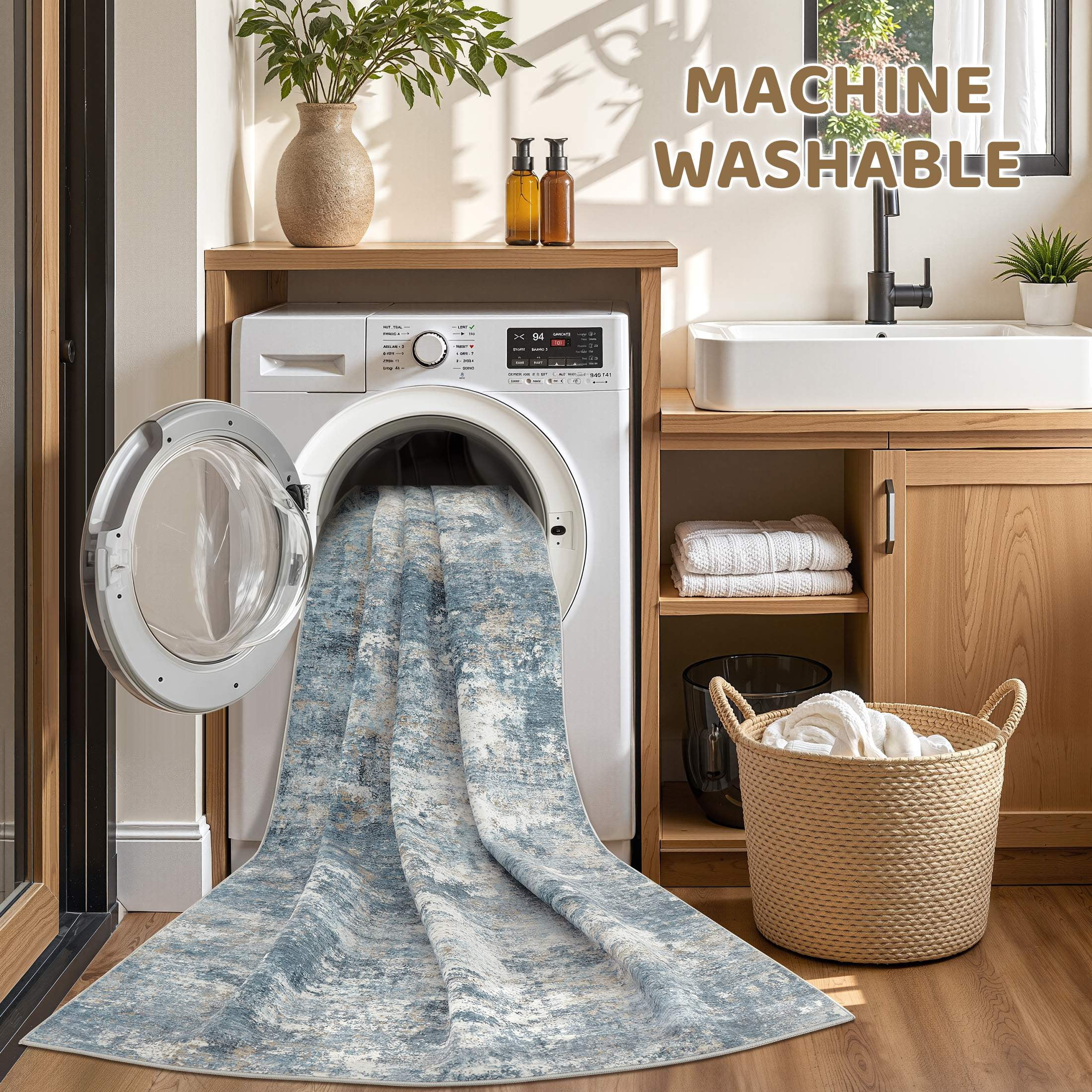 UERMEI 10'x14' Washable Area Rugs for Living Room, Modern Abstract Printed Carpet, Non Slip Indoor Rug for Bedroom Home Decor Carpets, Blue/Brown