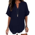 thumbnail image 2 of Womens Cotton Linen Tops Short Sleeve V Neck Blouse Fashion Casual Loose Fit Lightweight Breathable Summer Daily Wear by Yigetop Navy L, 2 of 6