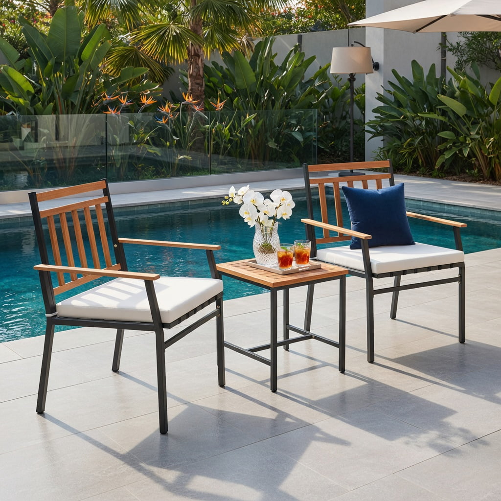 Hommoo 3-Piece Acacia Wood Outdoor Patio Conversation Set with Cushions, Sturdy Metal Frame, Ergonomic Chairs & Coffee Table for Backyard, Deck or Balcony, White