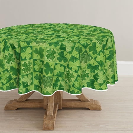 St. Patrick s Day Tablecloth 70&times;70 Inch Round Green Shamrock Buffalo Plaid Washable Seasonal Table Cover for Party Picnic Dinner Decor