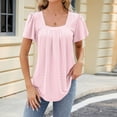thumbnail image 3 of BLVB Summer Tops for Women Square Neck Short Sleeve Eyelet Tunic Shirts Casual Pleated Solid Color Going out Blouse, 3 of 5
