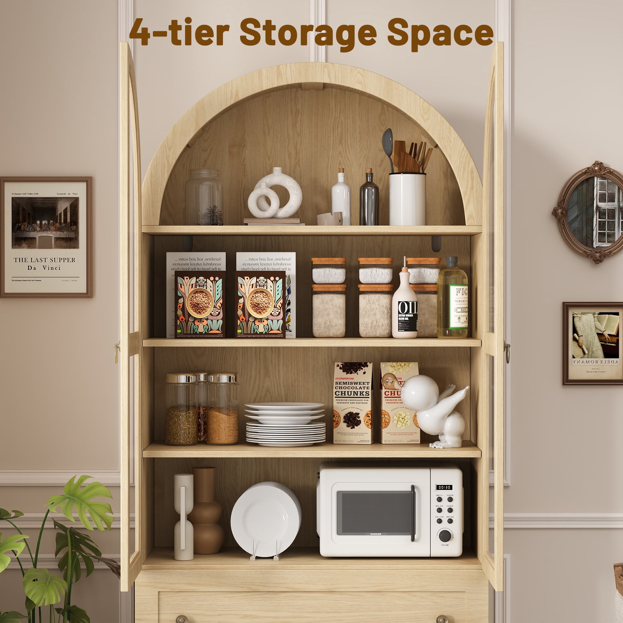 IDEALSOUL Arched Kitchen Pantry Cabinet, 71" Tall Wood Storage Cabinet with 2 Glass Doors, 4 Shelves and 2 Drawers, Food Cabinet for Kitchen, Living Room, Bedroom(Wood color)