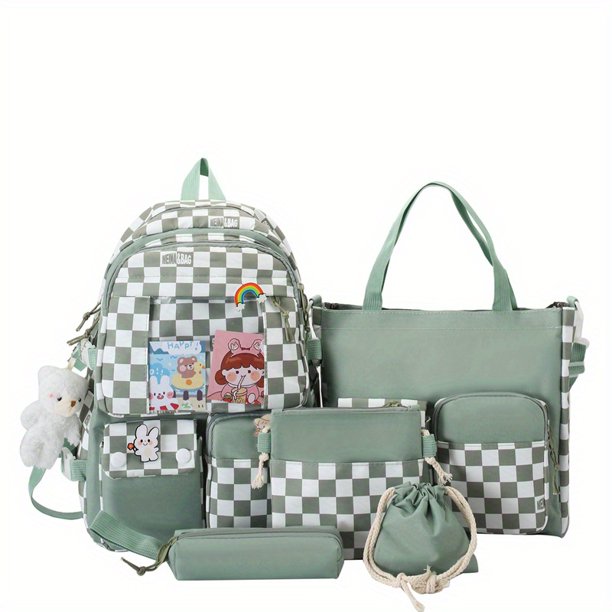 Mochila Escolar De Moda A Cuadros De 5 Piezas, Mochila Para Estudiantes Masculinos Y Femeninos, Mochila De Recuperación, Mochila Para Estudiantes De Secundaria De Escuela Primaria, Conjunto De Mochila
