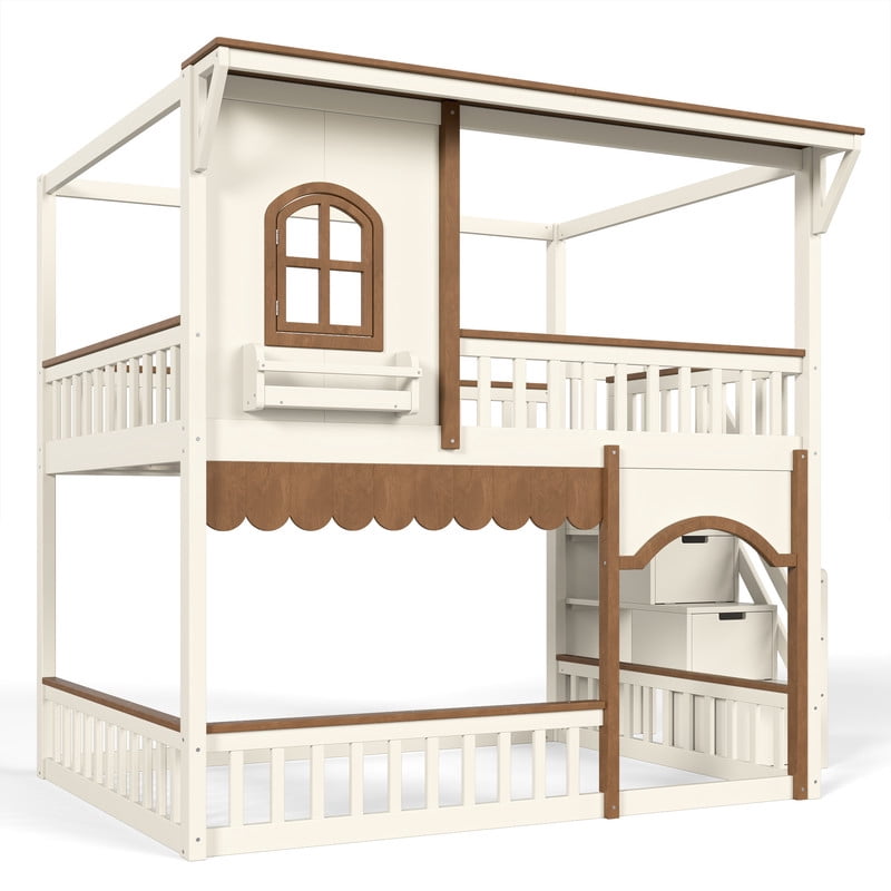 Full-Over-Full Wood Storage Bed Frame with Staircase & Small Bookshelf, Kids House Bunk Bed with Window, Eave & Door
