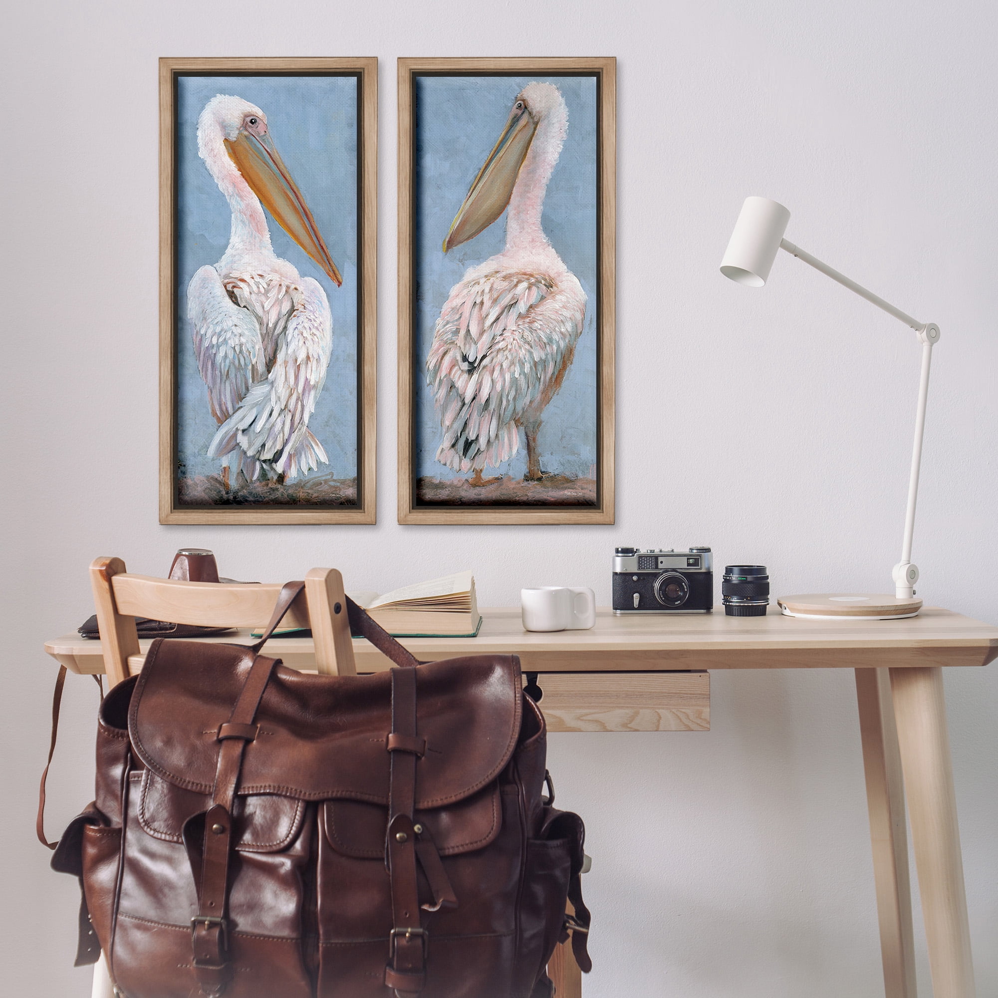 Stupell Industries Classic Pelicans Gazing Animals & Insects Painting Brown Floater Framed Canvas Art Print Wall Art, 14 x 31, Set of 2