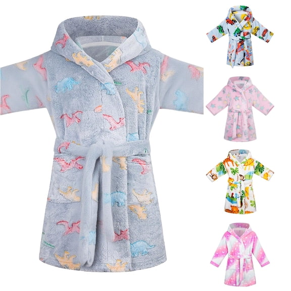 REDARER Girls Hooded Plush Bathrobe Long Sleeve Self Tie Belt Galaxy Star Moon Print Soft Warm Flannel Sleep Loungewear,7-8 Years