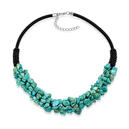 - Blue Enhanced Turquoise Cluster Chip Black Faux Leather Boho Choker Collar Necklace For Women Adjustable