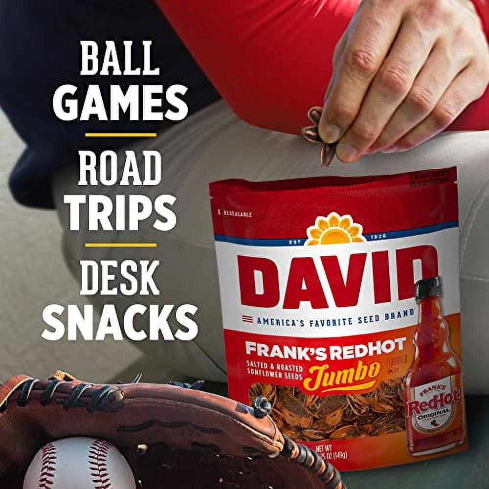 DAVID Frank's RedHot Flavored Salted & Roasted Jumbo Sunflower Seeds, 5.25 oz. (12 Count)
