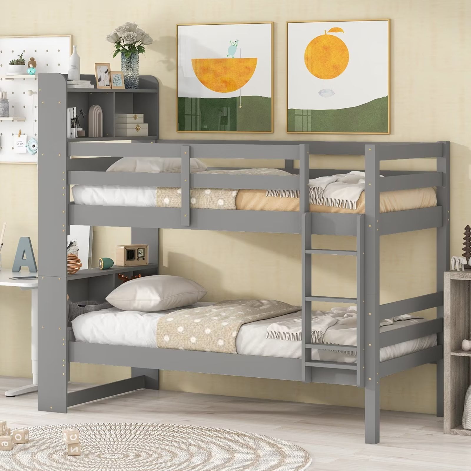 Twin over Twin Bunk Beds with Bookcase Headboard, Solid Wood Low Bunk