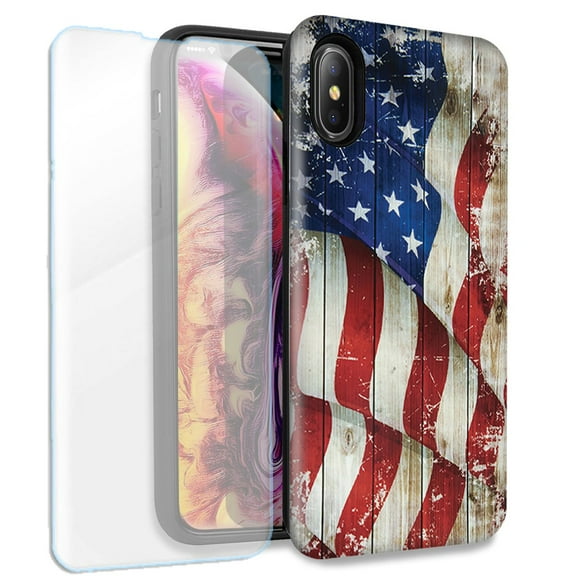 Mundaze Vintage American Flag Double Layer Case w/Glass Screen Protector For Apple iPhone XR