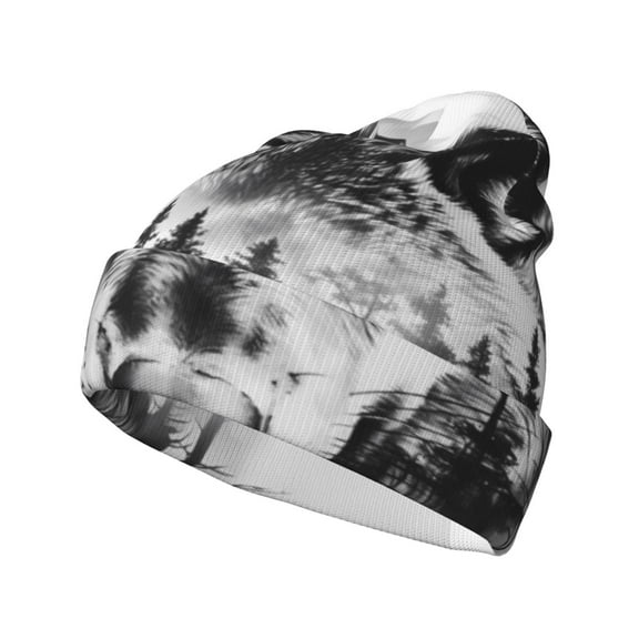 Lsque Majestic Wolf Landscape Pattern Knitted Beanie, Unisex Winter Hat, Knit Hat Winter Beanies Thick Fisherman Beanies Cuffed Plain Skull Caps
