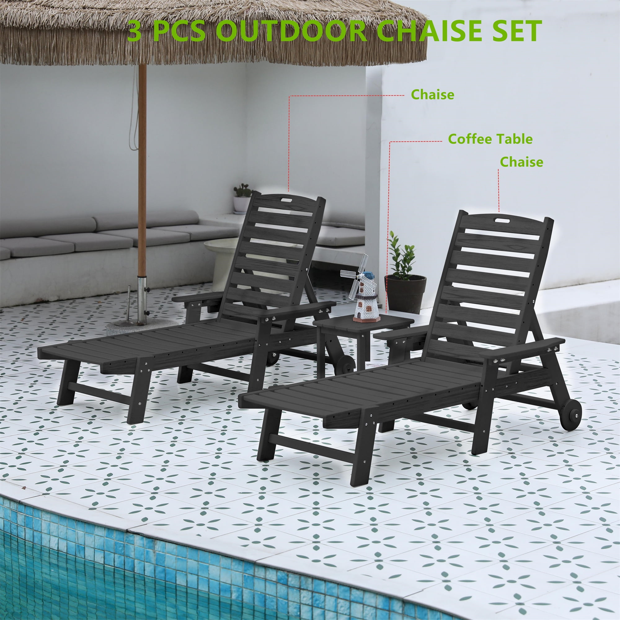 Aukfa 3 Pcs Outdoor Patio Chaise Lounge w/ Coffee Table&Cup Holder, Adjustable Backrest, HDPE, Gray