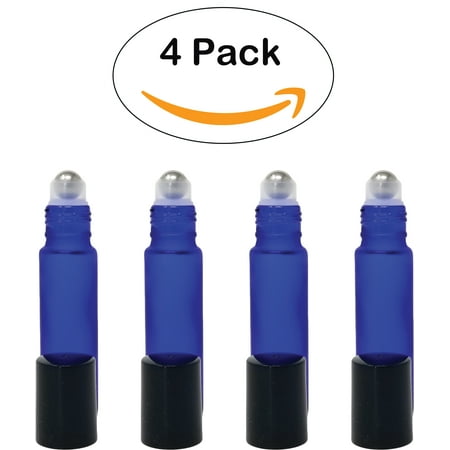 Metal Perfume Bottle - 4 Pack Refillable Frosted Blue Essential Oil Metal Roller Glass Bottles - 10 ml Best for Storing Perfume Oils Leak Proof